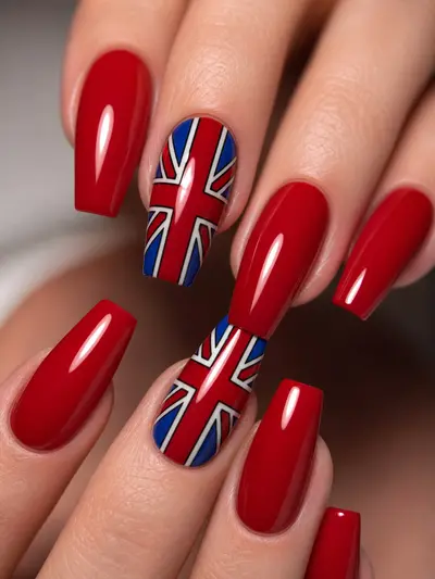 Дизайн ногтей Union Jack на форме балерина средней длины с геометрическим узором в британском стиле — фото маникюра 2026.
