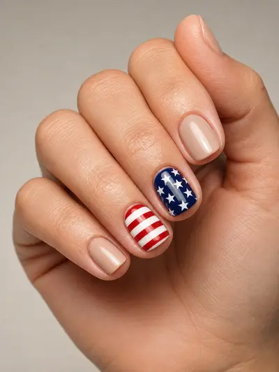 Короткие квадратные ногти с дизайном "Stars & Stripes": красные, белые и синие полоски и звезды на акцентных ногтях — фото маникюра 2026.