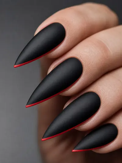 Маникюр в стиле Red Sole Nails: матовые черные ногти-стилеты с тонкой красной линией снизу, дизайн ногтей 2026.