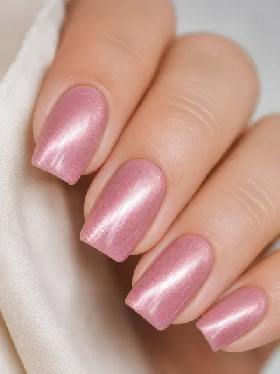 Нежный розовый маникюр Soft Pink Cat-Eye на ногтях формы squoval средней длины — тренд маникюра 2026.