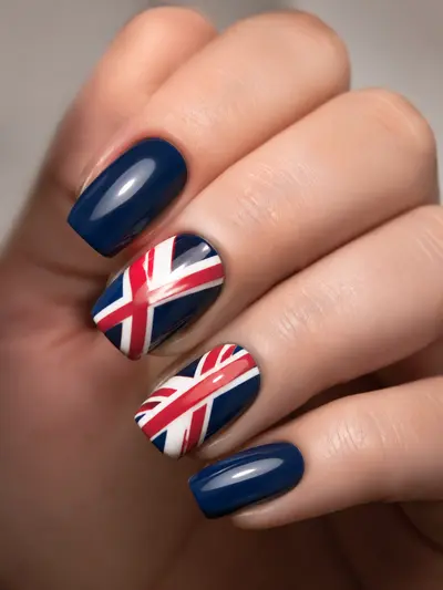 Маникюр в стиле Union Jack на коротких квадратных ногтях со стилизованным британским флагом, демонстрирующий тренд 2026.