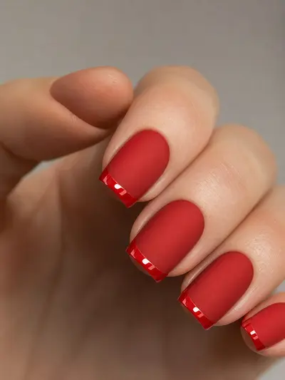 Маникюр Red matte gloss tip на ногтях формы squoval средней длины с глянцевым красным кончиком — фото маникюра 2026.