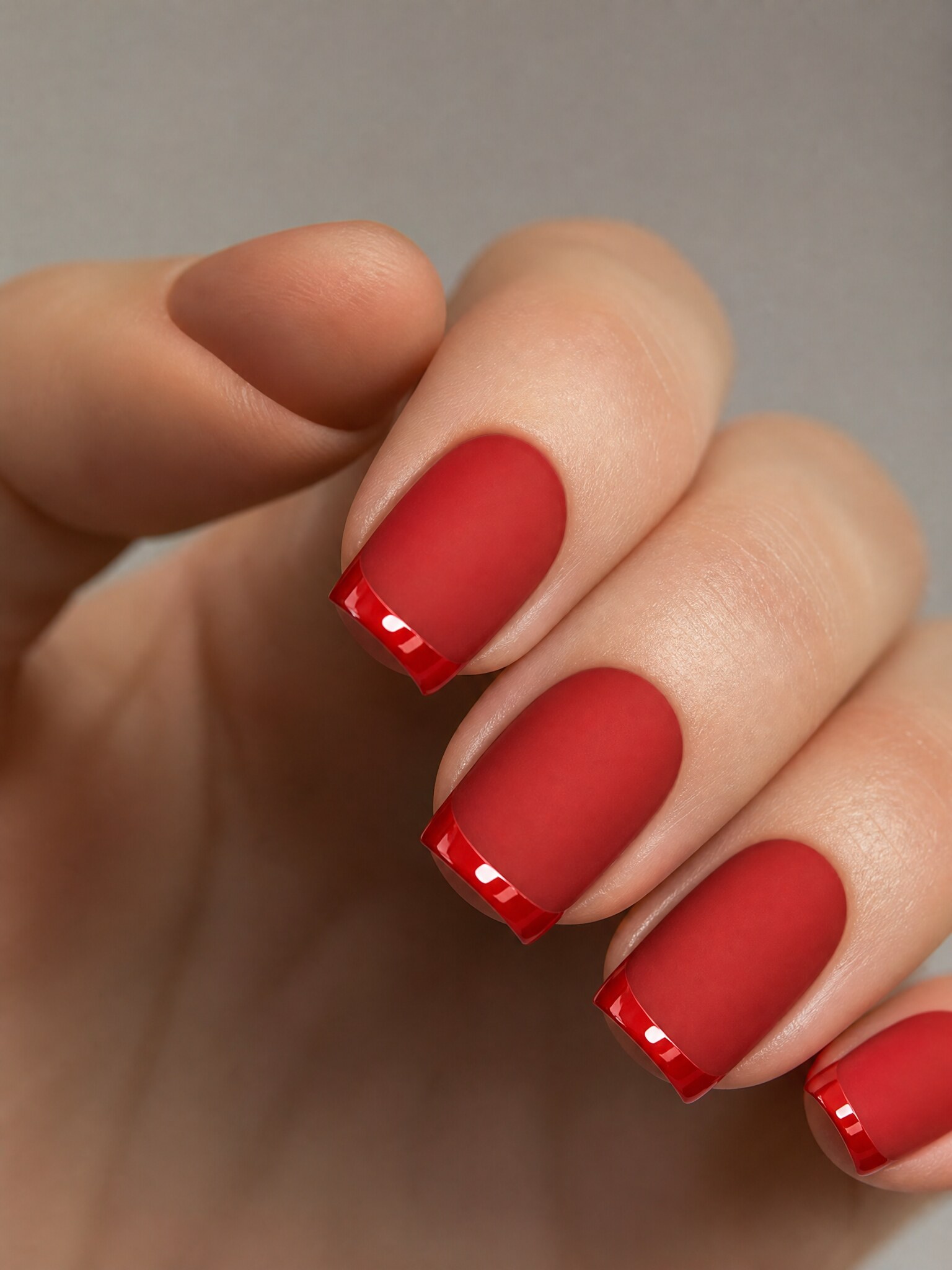 Маникюр Red matte gloss tip на ногтях формы squoval средней длины с глянцевым красным кончиком.